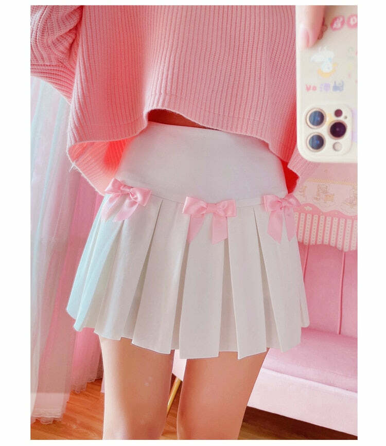 Dollette Kawaii Bow Pleated Mini Skirt - Y2K Summer, 90s Fashion, Grunge, Retro, Pastel Goth