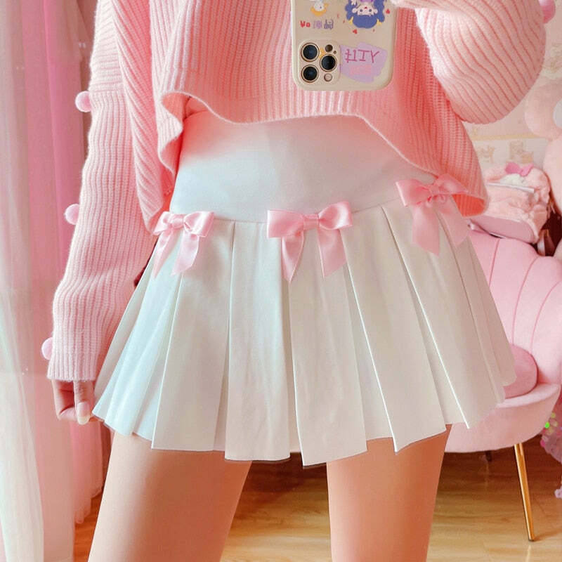 Dollette Kawaii Bow Pleated Mini Skirt - Y2K Summer, 90s Fashion, Grunge, Retro, Pastel Goth