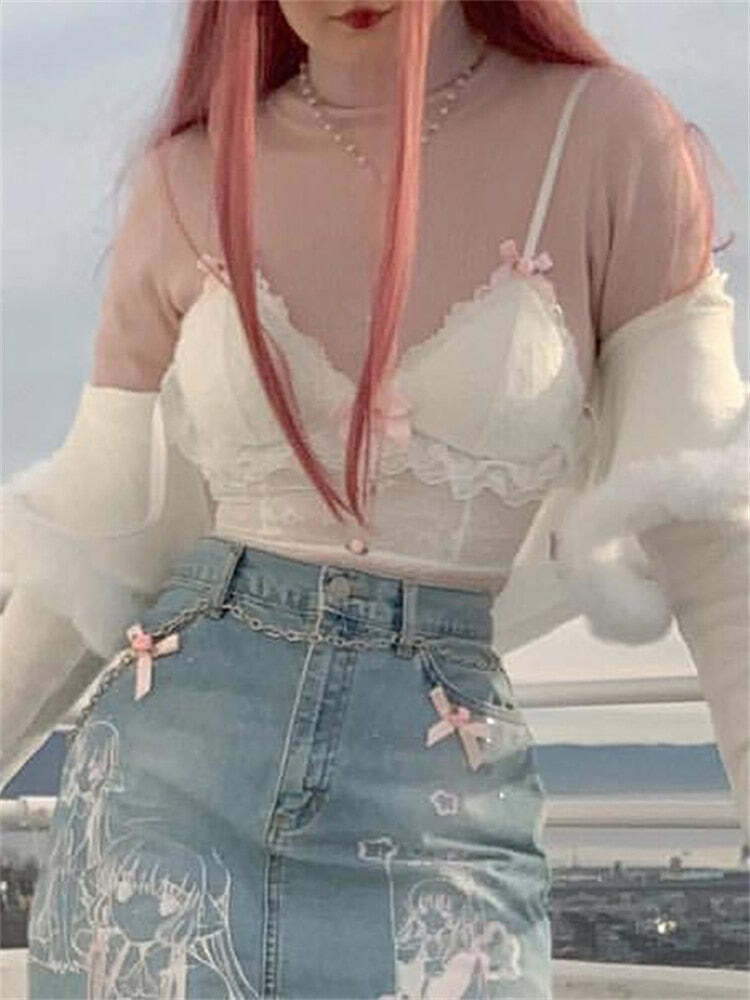 Dollette Pink Lace Top with Ribbons - Y2K Summer, 90s Grunge, Retro, Pastel Goth Fashion