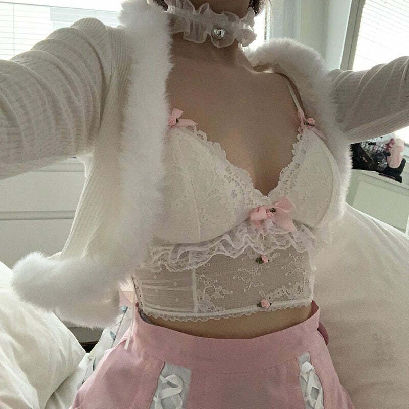 Dollette Pink Lace Top with Ribbons - Y2K Summer, 90s Grunge, Retro, Pastel Goth Fashion