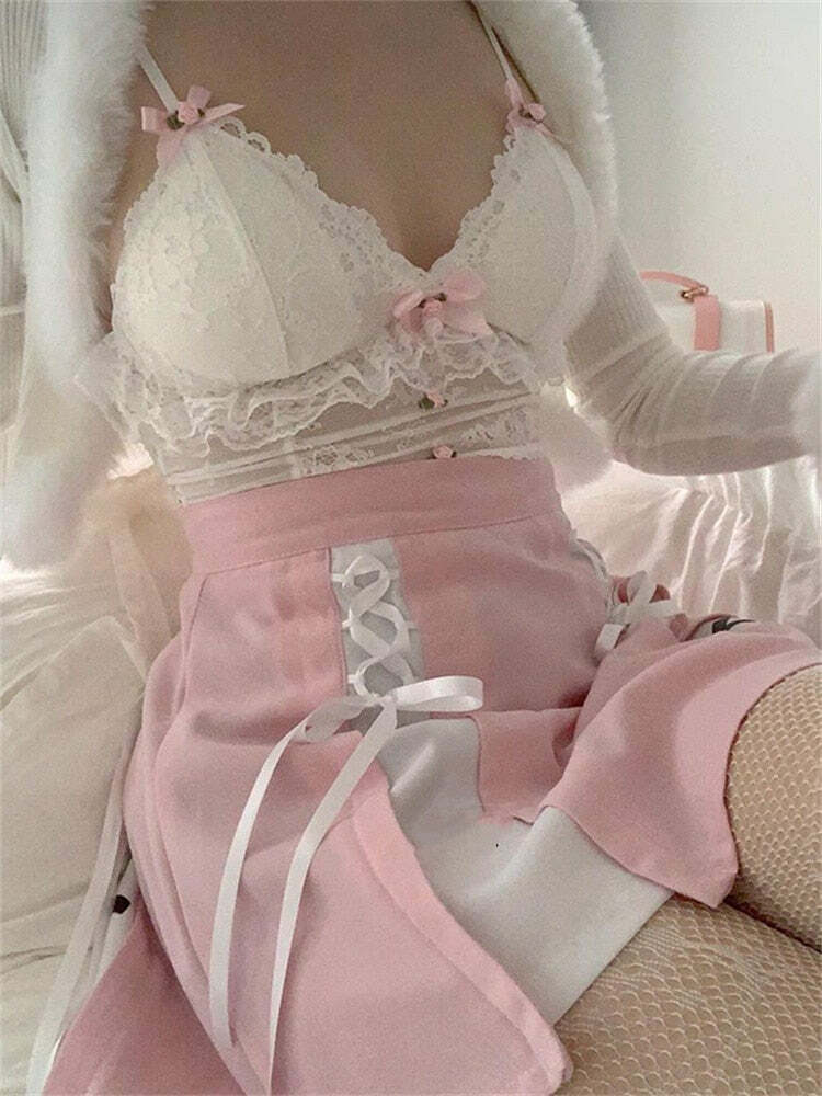 Dollette Pink Lace Top with Ribbons - Y2K Summer, 90s Grunge, Retro, Pastel Goth Fashion