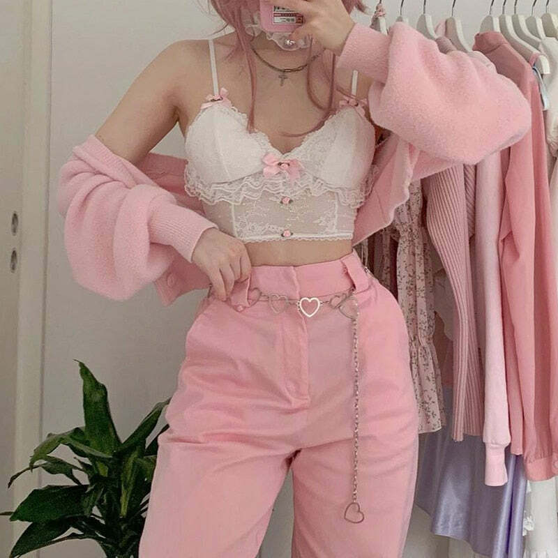 Dollette Pink Lace Top with Ribbons - Y2K Summer, 90s Grunge, Retro, Pastel Goth Fashion