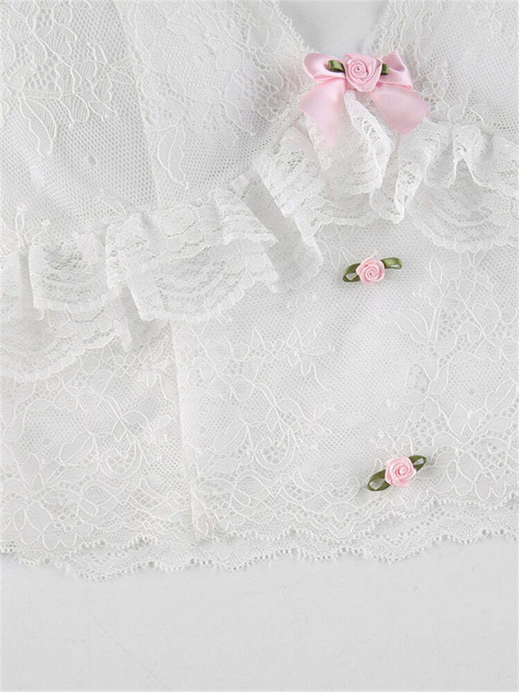 Dollette Pink Lace Top with Ribbons - Y2K Summer, 90s Grunge, Retro, Pastel Goth Fashion