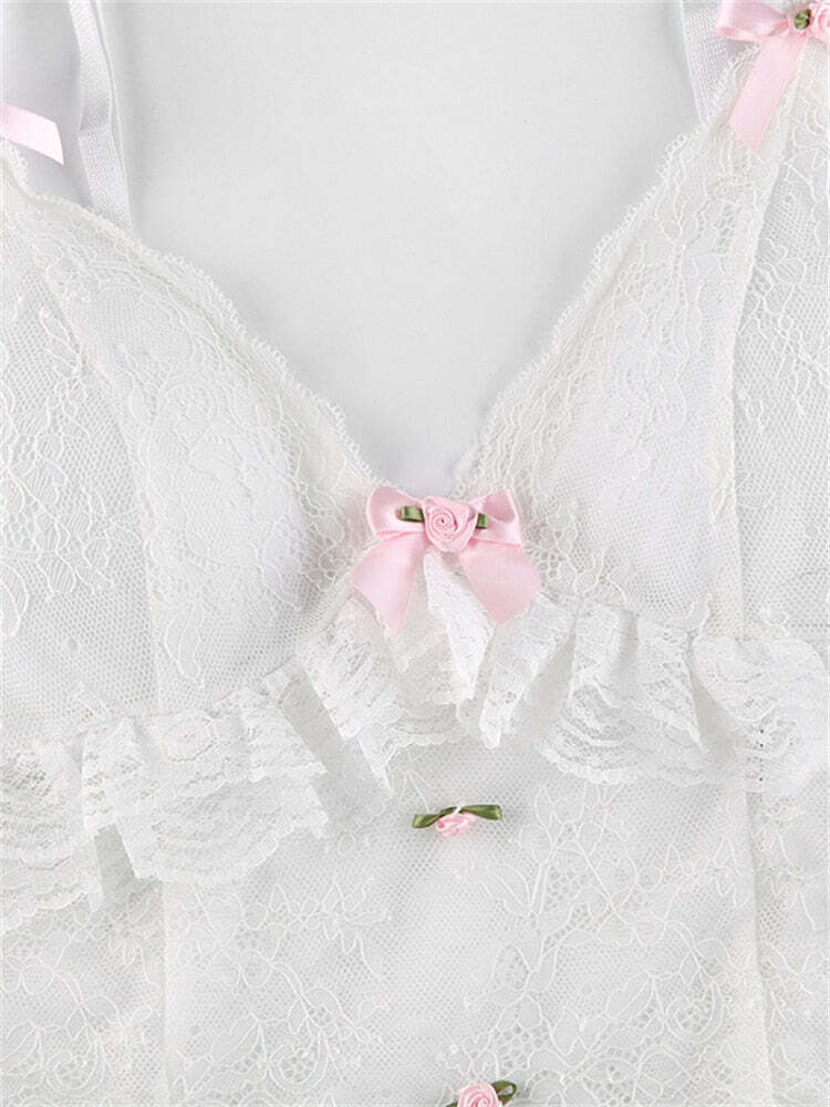 Dollette Pink Lace Top with Ribbons - Y2K Summer, 90s Grunge, Retro, Pastel Goth Fashion