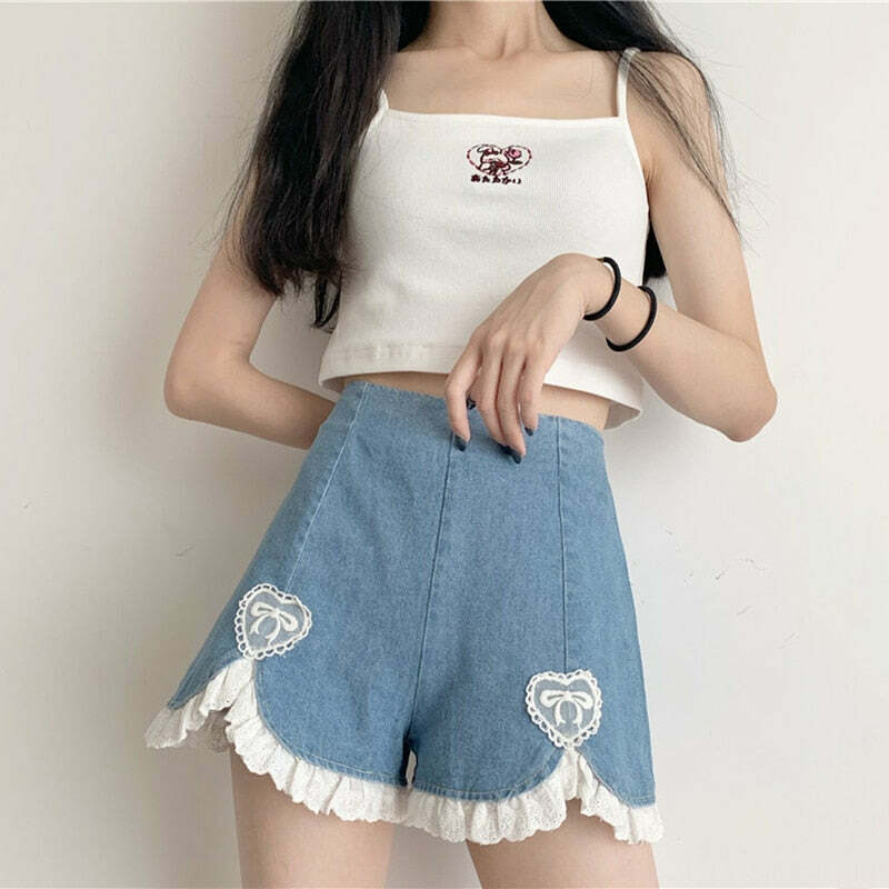 Dollette Romantic Denim Shorts - Y2K Summer, 90s Grunge, Retro, Pastel Goth, Y2K Club Outfits