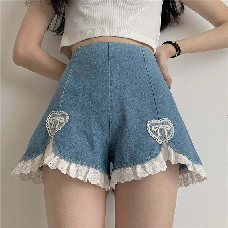 Dollette Romantic Denim Shorts - Y2K Summer, 90s Grunge, Retro, Pastel Goth, Y2K Club Outfits