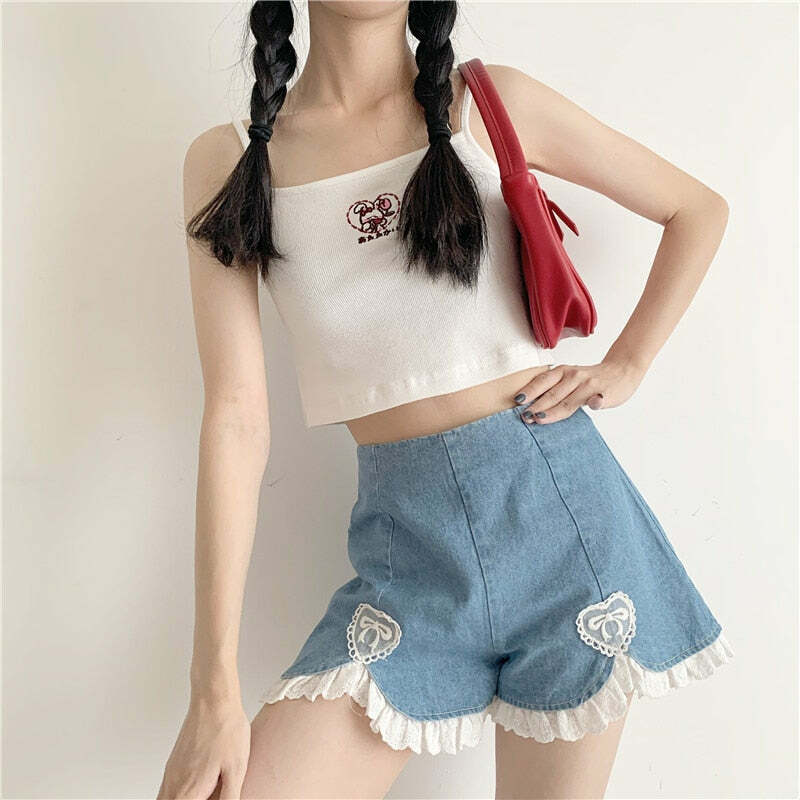 Dollette Romantic Denim Shorts - Y2K Summer, 90s Grunge, Retro, Pastel Goth, Y2K Club Outfits