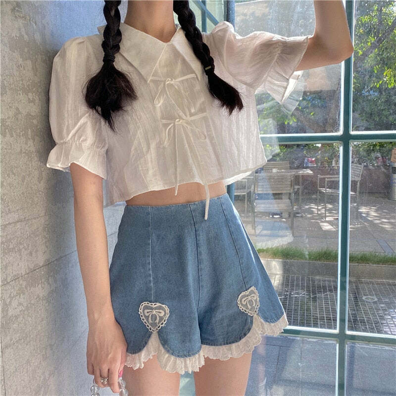 Dollette Romantic Denim Shorts - Y2K Summer, 90s Grunge, Retro, Pastel Goth, Y2K Club Outfits