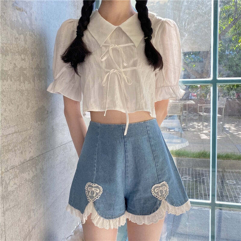 Dollette Romantic Denim Shorts - Y2K Summer, 90s Grunge, Retro, Pastel Goth, Y2K Club Outfits