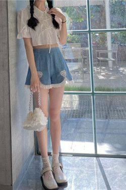 Dollette Romantic Denim Shorts - Y2K Summer, 90s Grunge, Retro, Pastel Goth, Y2K Club Outfits