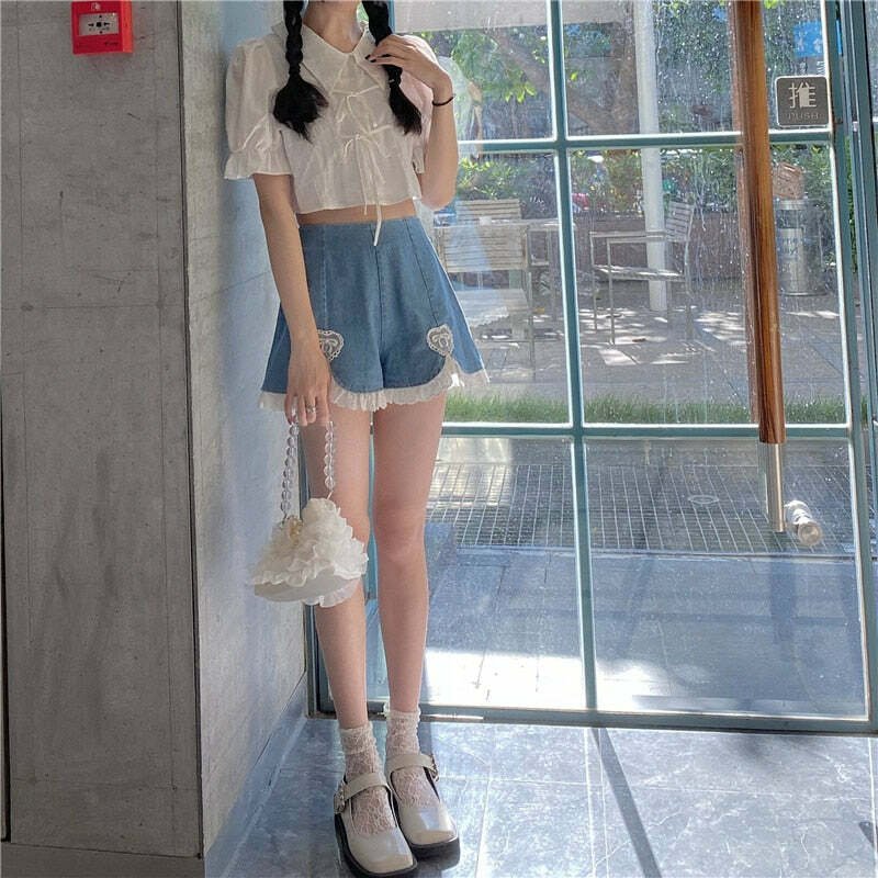 Dollette Romantic Denim Shorts - Y2K Summer, 90s Grunge, Retro, Pastel Goth, Y2K Club Outfits