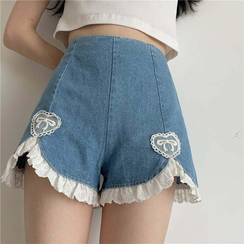 Dollette Romantic Denim Shorts - Y2K Summer, 90s Grunge, Retro, Pastel Goth, Y2K Club Outfits