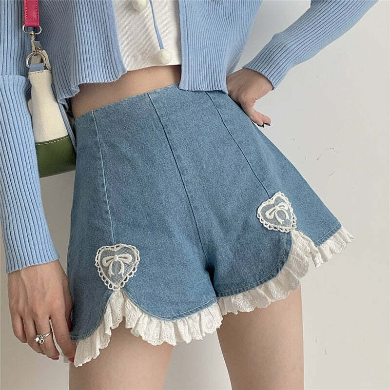 Dollette Romantic Denim Shorts - Y2K Summer, 90s Grunge, Retro, Pastel Goth, Y2K Club Outfits