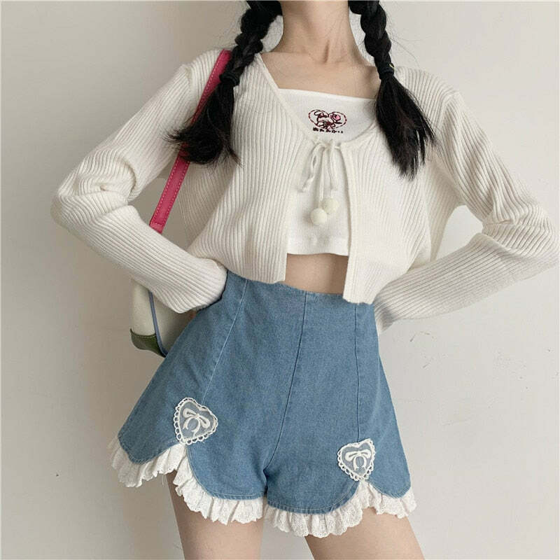 Dollette Romantic Denim Shorts - Y2K Summer, 90s Grunge, Retro, Pastel Goth, Y2K Club Outfits