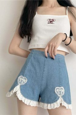 Dollette Romantic Denim Shorts - Y2K Summer, 90s Grunge, Retro, Pastel Goth, Y2K Club Outfits