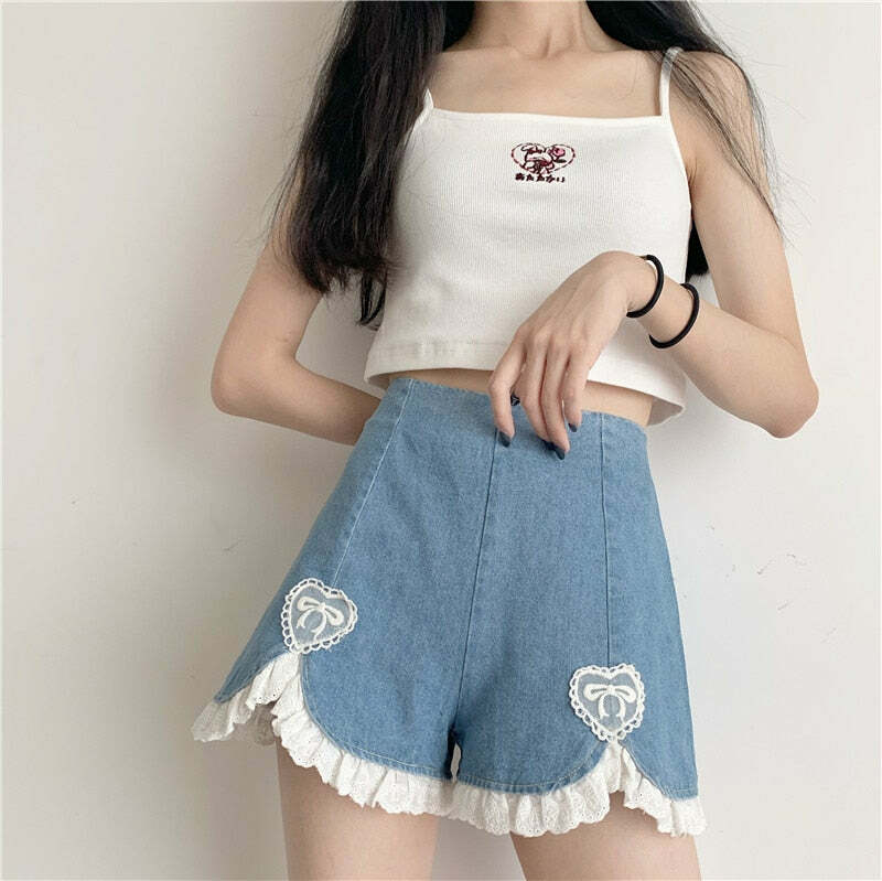 Dollette Romantic Denim Shorts - Y2K Summer, 90s Grunge, Retro, Pastel Goth, Y2K Club Outfits