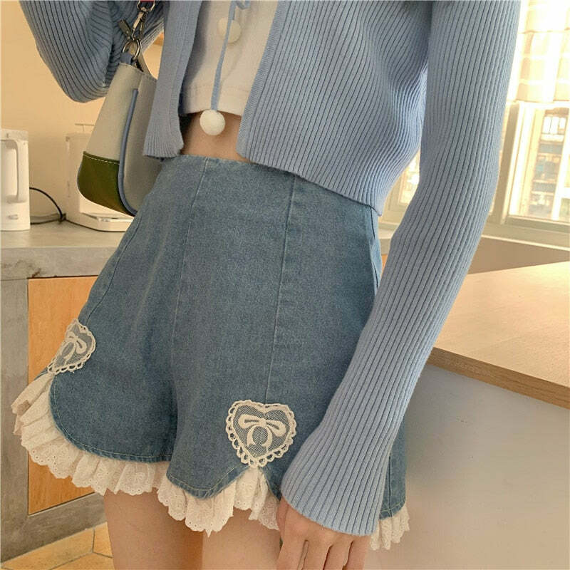 Dollette Romantic Denim Shorts - Y2K Summer, 90s Grunge, Retro, Pastel Goth, Y2K Club Outfits