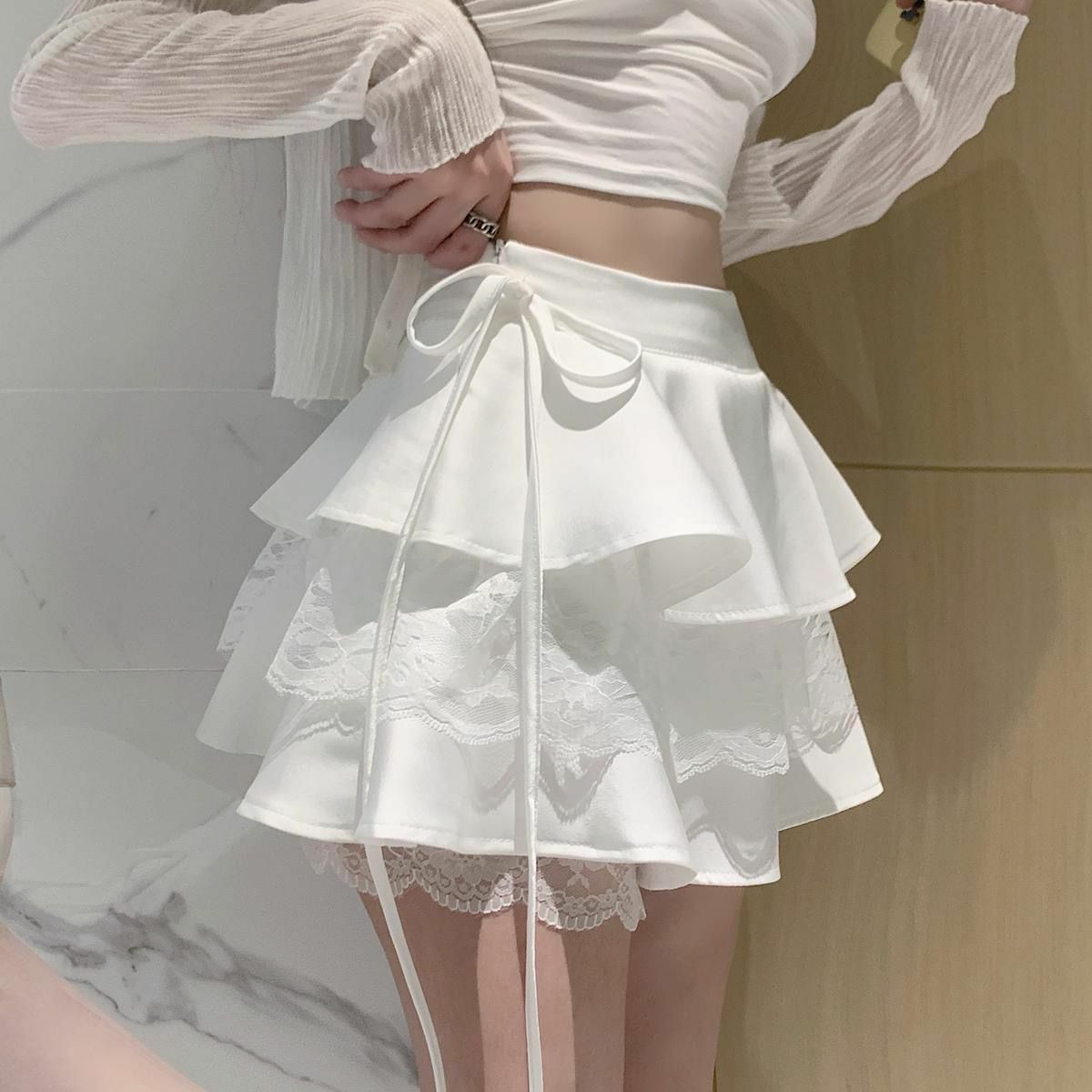 Dollette White Ruffle Double Layer Mini Skirt - Y2K Summer, 90s Grunge, Retro Party Outfit
