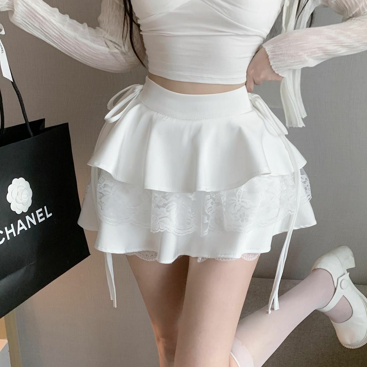 Dollette White Ruffle Double Layer Mini Skirt - Y2K Summer, 90s Grunge, Retro Party Outfit