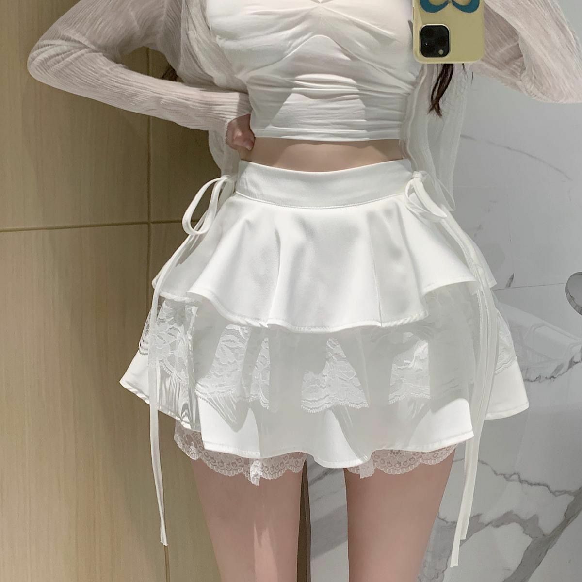 Dollette White Ruffle Double Layer Mini Skirt - Y2K Summer, 90s Grunge, Retro Party Outfit
