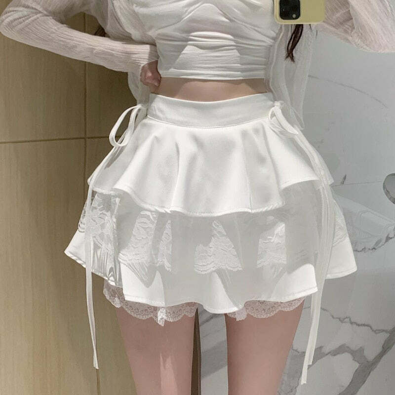 Dollette White Ruffle Double Layer Mini Skirt - Y2K Summer, 90s Grunge, Retro Party Outfit