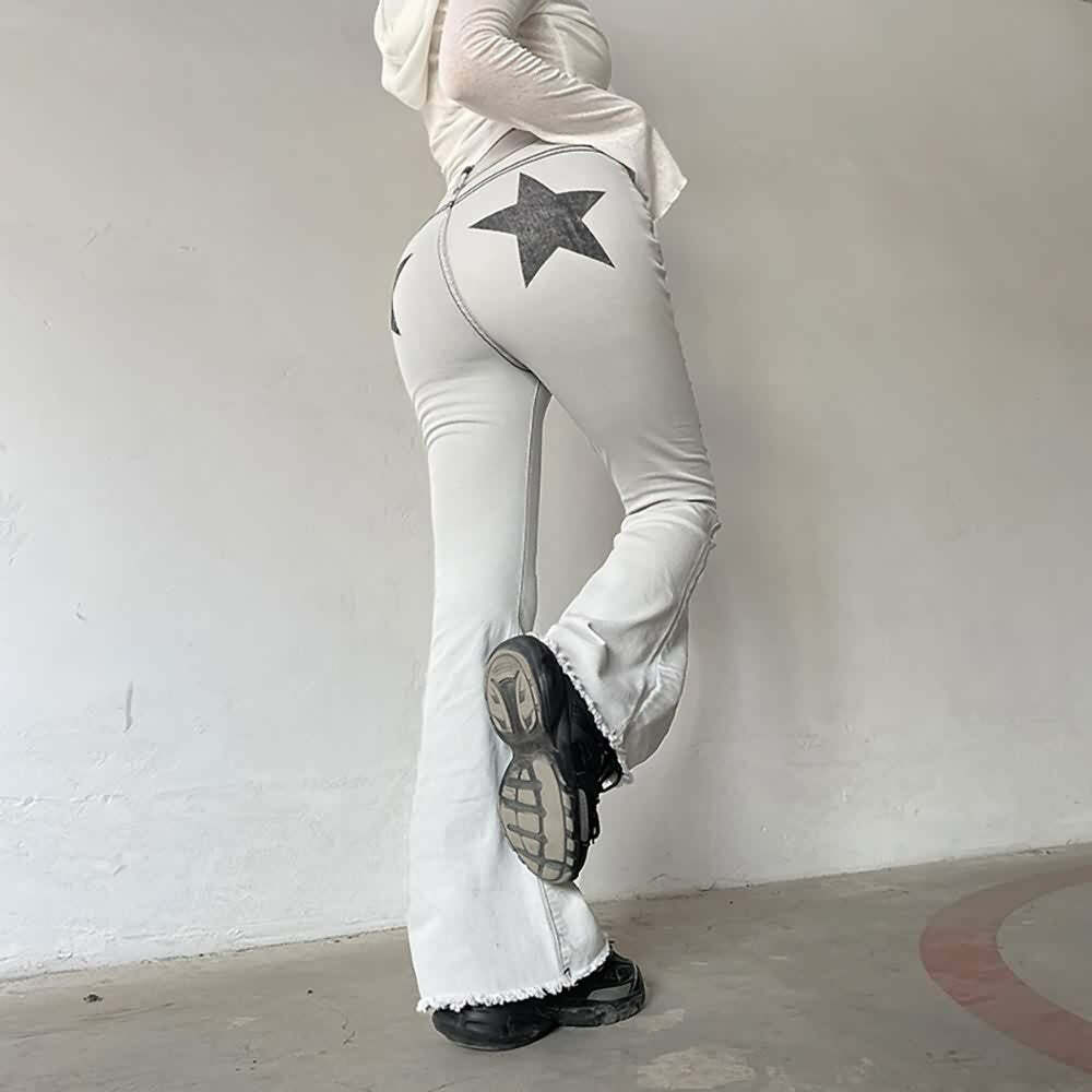 Double Star White Flare Jeans - Y2K Summer, 90s Fashion, Grunge, Retro, Y2K Party Outfits