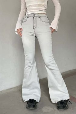 Double Star White Flare Jeans - Y2K Summer, 90s Fashion, Grunge, Retro, Y2K Party Outfits