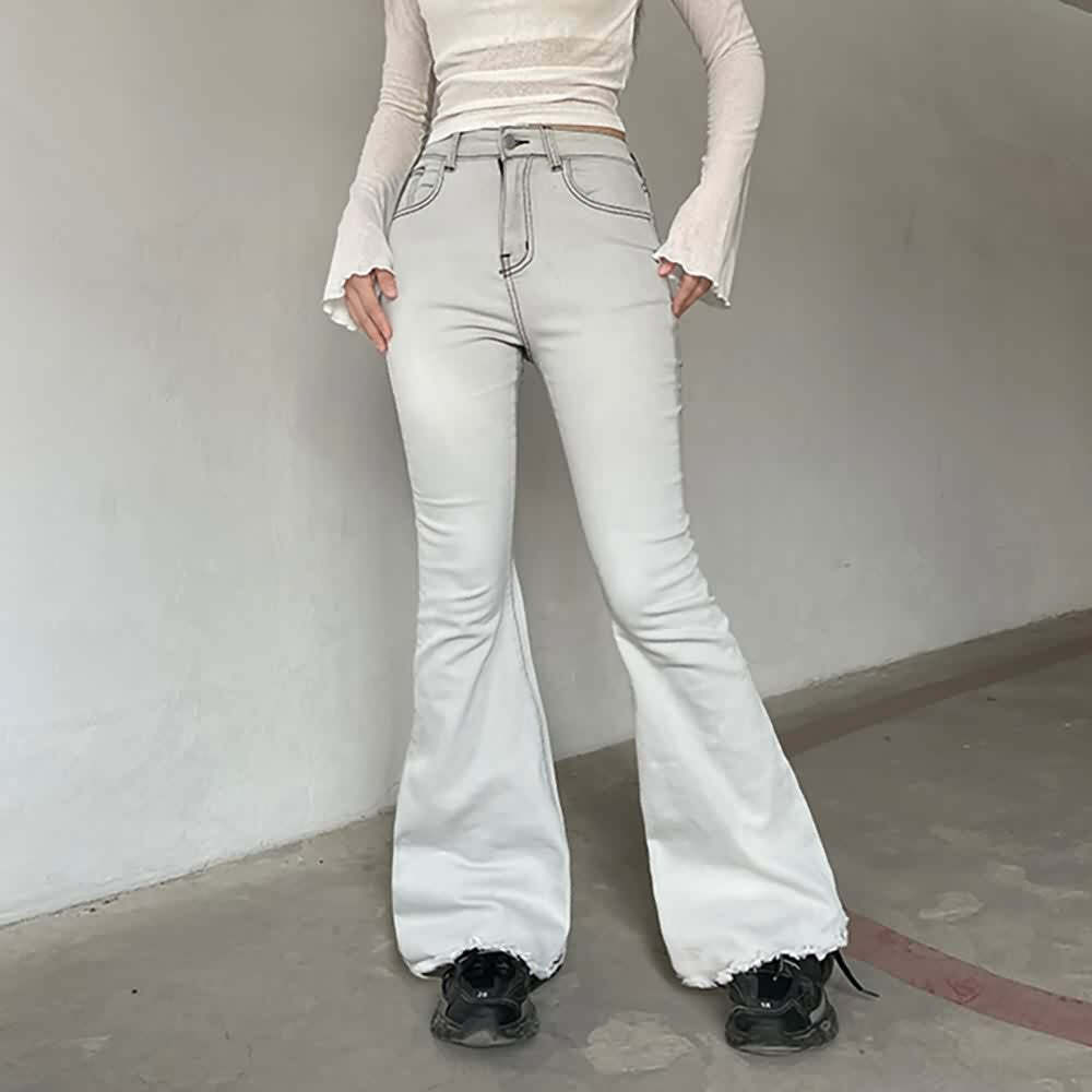 Double Star White Flare Jeans - Y2K Summer, 90s Fashion, Grunge, Retro, Y2K Party Outfits