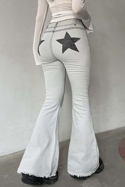 Double Star White Flare Jeans - Y2K Summer, 90s Fashion, Grunge, Retro, Y2K Party Outfits