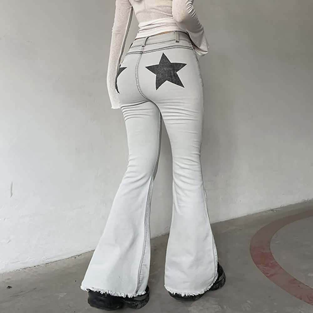 Double Star White Flare Jeans - Y2K Summer, 90s Fashion, Grunge, Retro, Y2K Party Outfits
