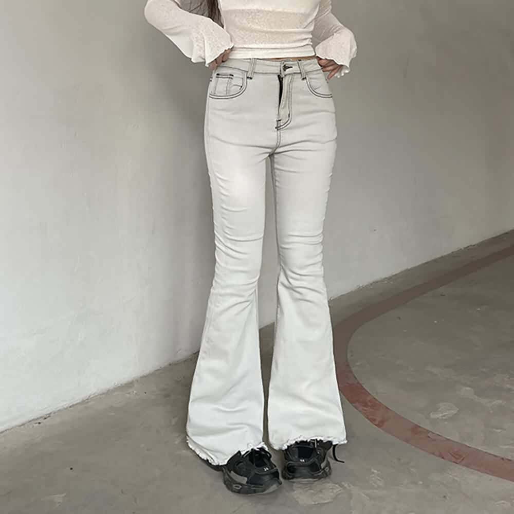 Double Star White Flare Jeans - Y2K Summer, 90s Fashion, Grunge, Retro, Y2K Party Outfits