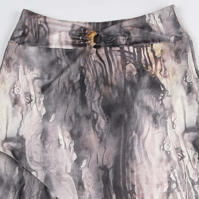 Dreya Printed Asymmetric Midi Skirt - Y2K Summer, 90s Grunge, Retro, Pastel Goth, Y2K