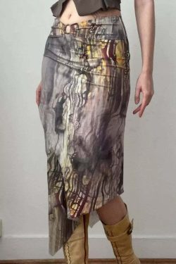 Dreya Printed Asymmetric Midi Skirt - Y2K Summer, 90s Grunge, Retro, Pastel Goth, Y2K