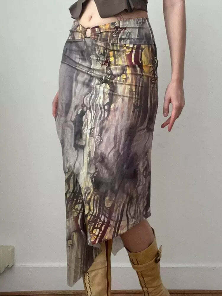 Dreya Printed Asymmetric Midi Skirt - Y2K Summer, 90s Grunge, Retro, Pastel Goth, Y2K