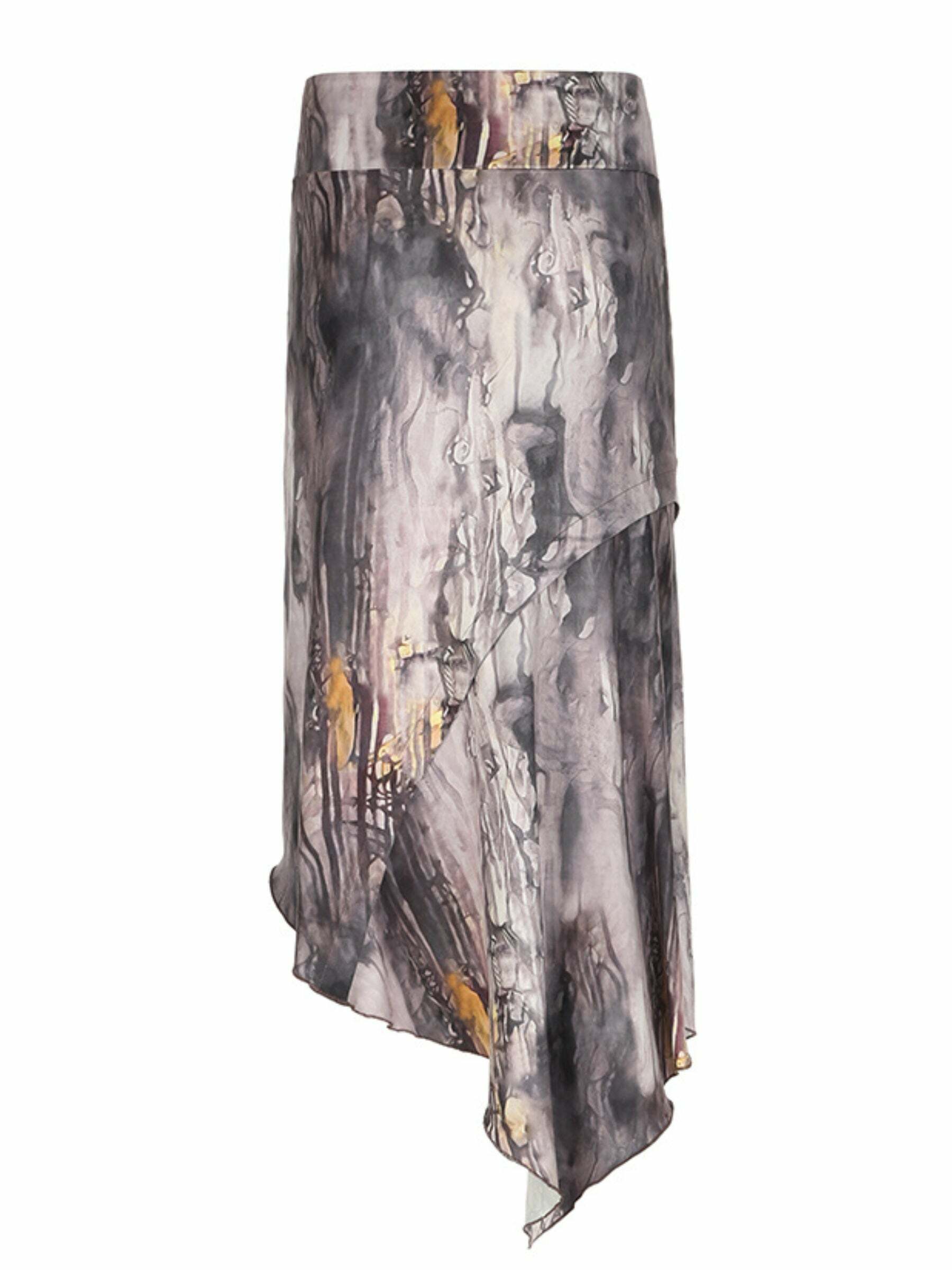 Dreya Printed Asymmetric Midi Skirt - Y2K Summer, 90s Grunge, Retro, Pastel Goth, Y2K