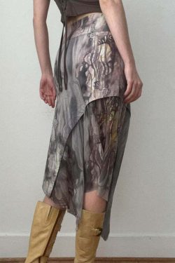 Dreya Printed Asymmetric Midi Skirt - Y2K Summer, 90s Grunge, Retro, Pastel Goth, Y2K