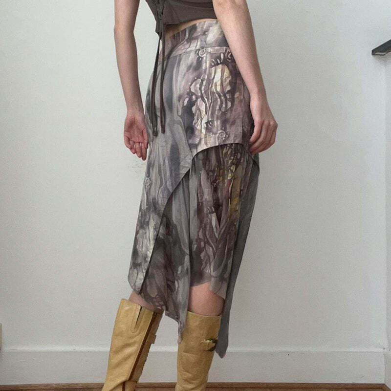 Dreya Printed Asymmetric Midi Skirt - Y2K Summer, 90s Grunge, Retro, Pastel Goth, Y2K