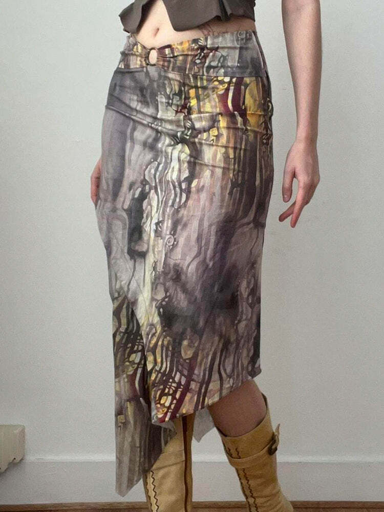 Dreya Printed Asymmetric Midi Skirt - Y2K Summer, 90s Grunge, Retro, Pastel Goth, Y2K