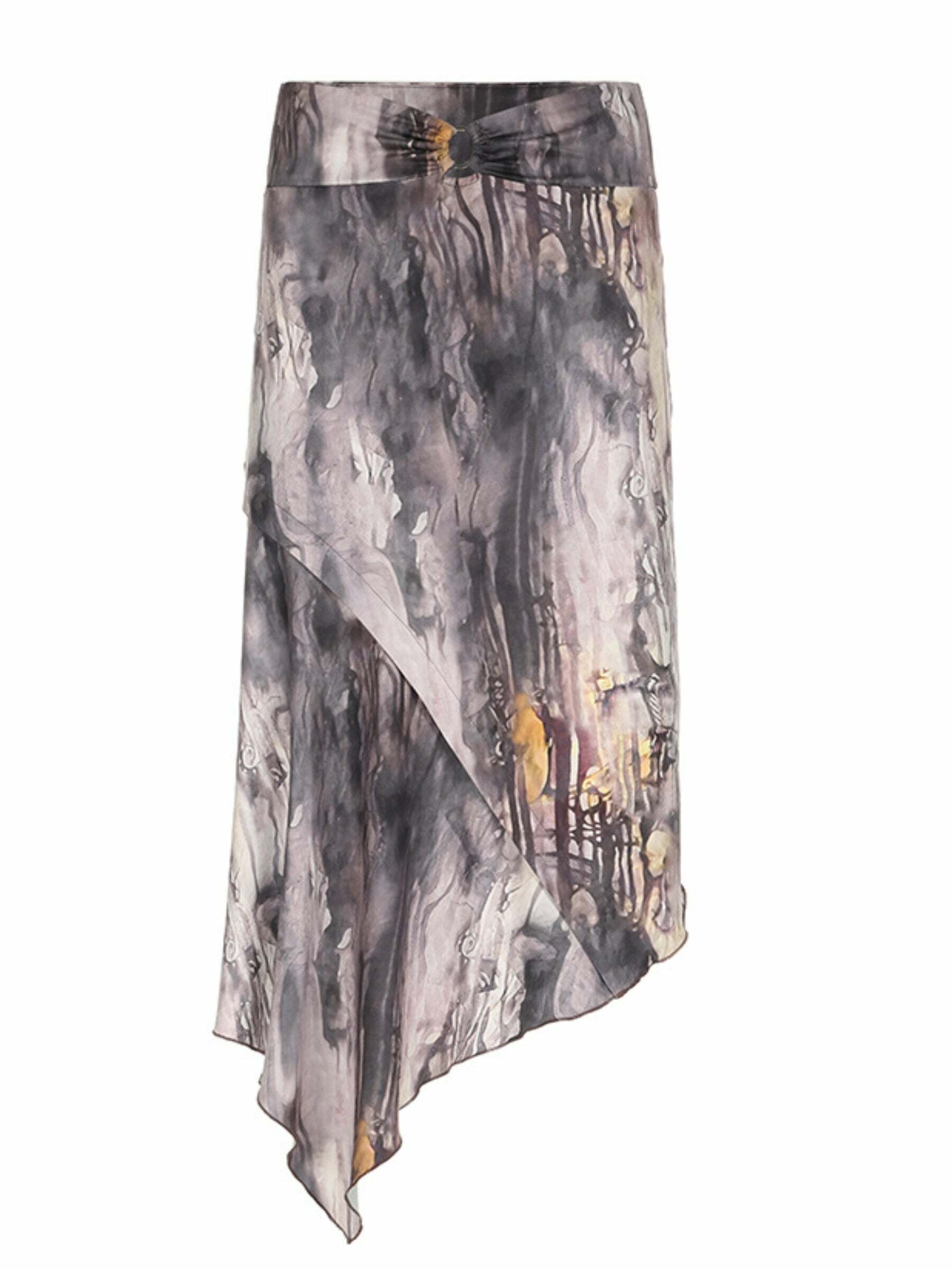 Dreya Printed Asymmetric Midi Skirt - Y2K Summer, 90s Grunge, Retro, Pastel Goth, Y2K