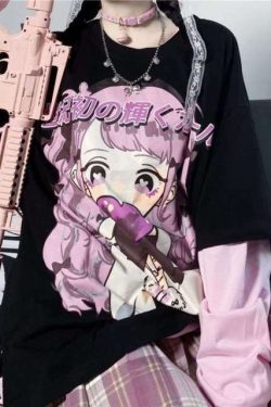 E-Girl Pink Anime Girl Tee - Black | Y2K Grunge 90s Fashion, Retro Summer Outfit