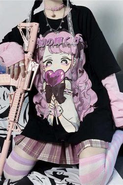 E-Girl Pink Anime Girl Tee - Black | Y2K Grunge 90s Fashion, Retro Summer Outfit