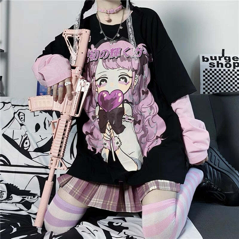 E-Girl Pink Anime Girl Tee - Black | Y2K Grunge 90s Fashion, Retro Summer Outfit