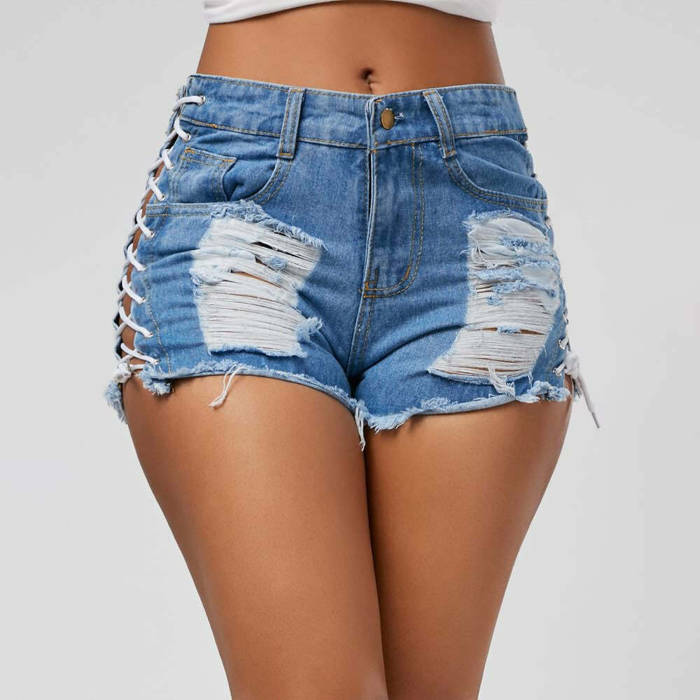 Edgy Lace Up Denim Shorts - Y2K Summer Grunge, 90s Fashion, Retro Y2K Club & Party Outfits