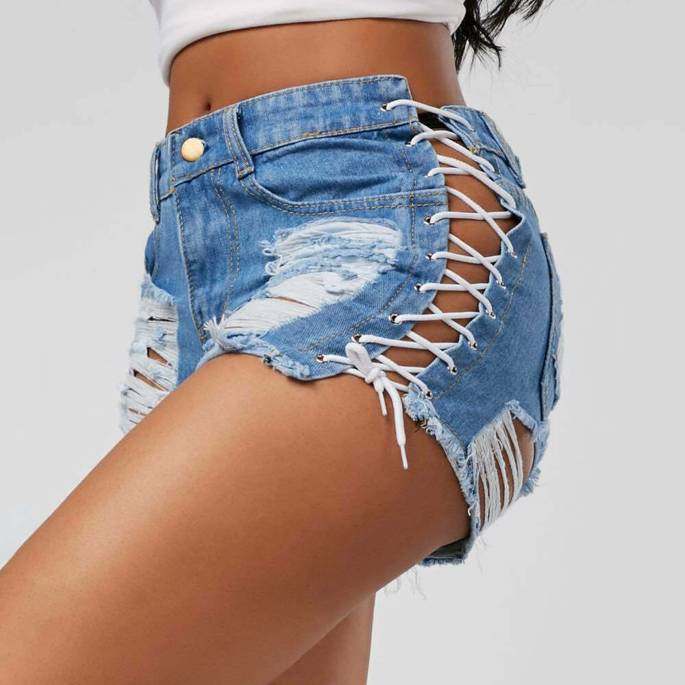Edgy Lace Up Denim Shorts - Y2K Summer Grunge, 90s Fashion, Retro Y2K Club & Party Outfits