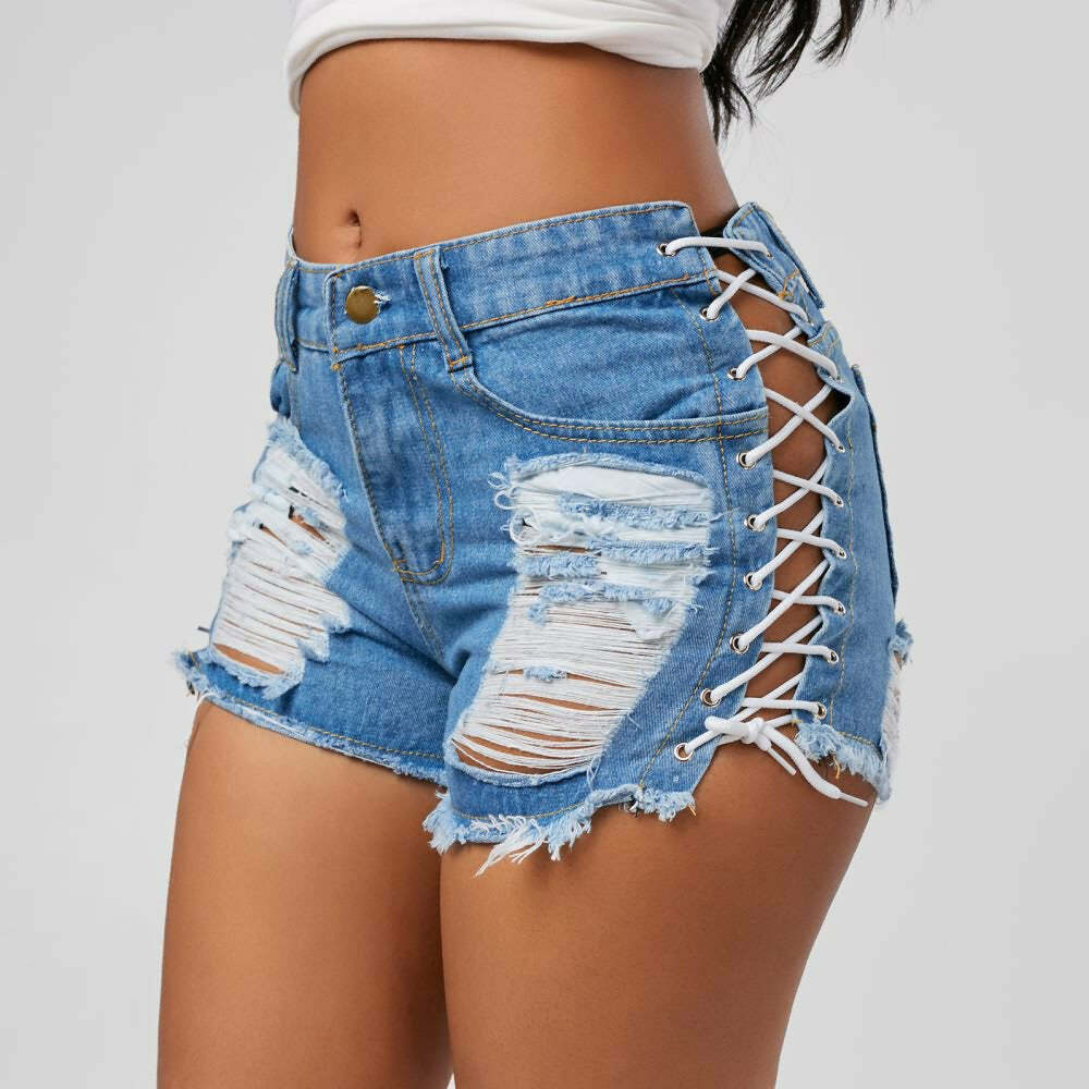 Edgy Lace Up Denim Shorts - Y2K Summer Grunge, 90s Fashion, Retro Y2K Club & Party Outfits