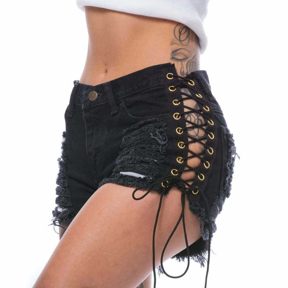 Edgy Lace Up Denim Shorts - Y2K Summer Grunge, 90s Fashion, Retro Y2K Club & Party Outfits