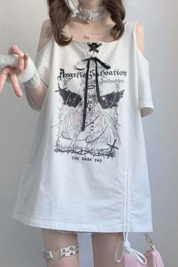 Egirl Dark Grunge Off Shoulder Black T-Shirt - Y2K Summer, 90s Fashion, Retro Goth Outfit