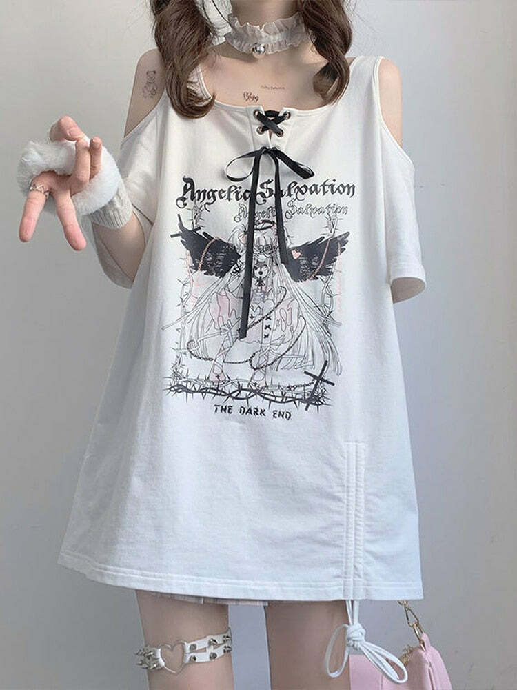 Egirl Dark Grunge Off Shoulder Black T-Shirt - Y2K Summer, 90s Fashion, Retro Goth Outfit