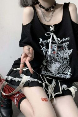 Egirl Dark Grunge Off Shoulder Black T-Shirt - Y2K Summer, 90s Fashion, Retro Goth Outfit