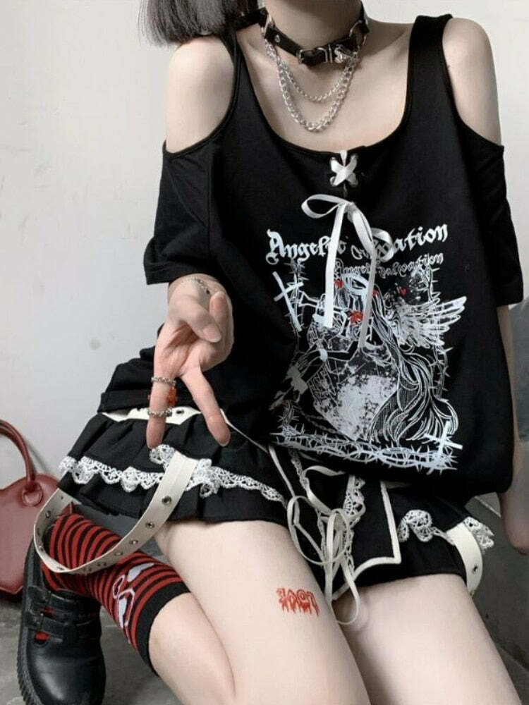 Egirl Dark Grunge Off Shoulder Black T-Shirt - Y2K Summer, 90s Fashion, Retro Goth Outfit